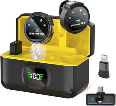 Microfone de Lapela Sem Fio Tipo C e Lightning Compatível com iPhone 11 12 13 14 15 16 Mackbook Smartphones Android Entrada USB-C PC Notebook Computador IA Anti ruído Kit Duplo Case de Carregamento