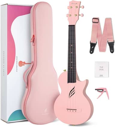 Ukulele concert Enya Nova U 58 cm, de fibra de carbono, ukulele de viagem com kit para iniciantes inclui aulas online (sem garantia de versão em português), estojo, alça, capo e cordas (rosa)