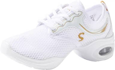 Tênis feminino de dança jazz superior de malha respirável com sola dividida e almofada de ar, dança, multifuncional, antiderrapante