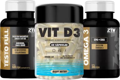 Kit 1x Ômega 3 30 Cáps Fish Oil EPA DHA Ultra Concentrado Rico Ômega 3 + 1x Vitaminas Minerais Full 60 Cáps Arginina Boro + 1 Vitamina D3 2000UI 60 Caps Auxilia no Sistema Imune Ossos Dentes