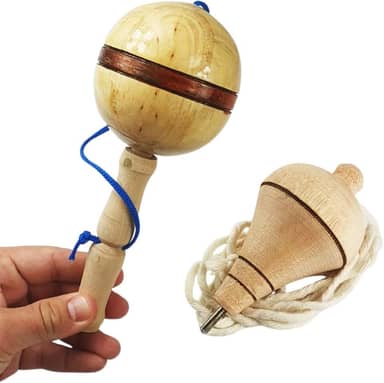 Kit Brinquedos Pedagógicos Pião Madeira Classico + Bilboque