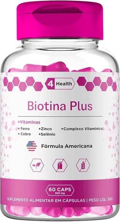 Biotina Plus + Vitaminas 60 Cápsulas, Tecnologia Importada EUA, Cabelo, Pele e Unha - 4 Health