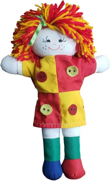 Boneca de Pano Emilía Artesanal Premium, Vestido Colorido, Cabelo Encaracolado