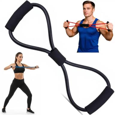 Elástico Extensor Formato 8, Preto, para Exercícios, Pilates, Yoga, Fisioterapia, Fortalecimento Muscular, com Alças de Espuma