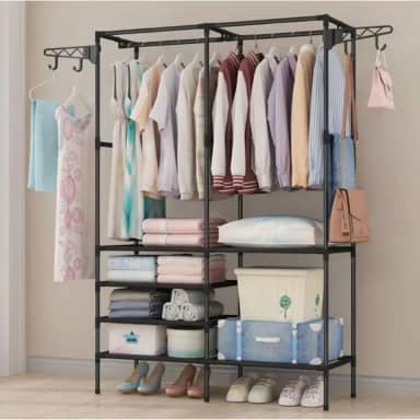 Arara Guarda-Roupa Portátil com Prateleiras, Organizador de Roupas com Cabideiro, Estrutura de Metal Preta, Armário Multiuso para Closet