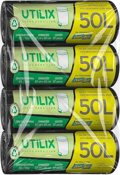 Kit com 4 unidades - Utilix 50 litros Preto, Rolo com 30 Sacos/unidade