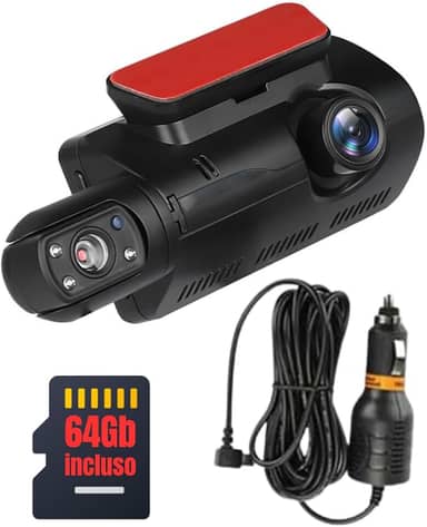 Câmera Veicular Dupla Lente Full HD, 3.0 Polegadas, com Sensor-G, Visão Noturna, Detector de Movimento, Cartão 64GB, Monitoramento 24h Camera de Carro