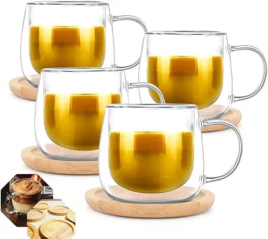 CONJUNTO 4 XICARAS DE CAFÉ 80ML EM BOROSSILICATO DE PAREDE DUPLA COM 4 PIRES DE BAMBÚ ECOLÓGICO