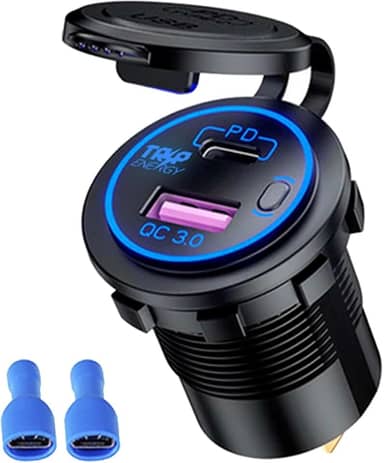 Tomada Veicular Carregador USB Turbo Acendedor Automotivo Carro Moto Onibus Caminhão 2 Saídas Dupla QC 3.0 e PD Até 18W Carga Rápida Celular (Azul)