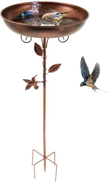 Banheira de metal para pássaros de 81 cm para uso externo, banheiras de pássaros independentes vintage ajustáveis removíveis e alimentador de pássaros com 5 estacas de garras estáveis, tigela de 30 cm