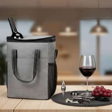 KIT AMANTE DE VINHOS | 1 Bolsa Térmica para 6 Garrafas + Kit Sommelier 5 peças | Apreciadores de Vinho | Presente Criativo