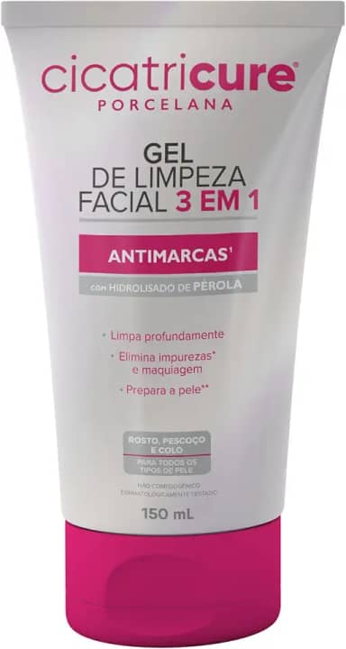 Cicatricure Porcelana Gel de Limpeza Facial 3 em 1 Antimarcas para Rosto, Pescoço e Colo - Limpa Profundamente, Elimina Impurezas e Maquiagem, Prepara a Pele - Skin Care 40g