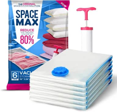 Kit de Sacos de Armazenamento a Vácuo Grande SPACE MAX com 6 sacos – Economize 80% de Espaço – Reutilizáveis, Fecho Duplo e Válvula Antivazamento, Inclui Bomba de Viagem