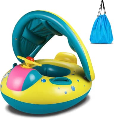 Boia de piscina para bebês, anel de natação inflável para bebês com para-sol ajustável CaBaby, assento de segurança Rinopy para crianças de 6 a 36 meses com bolsa de transporte