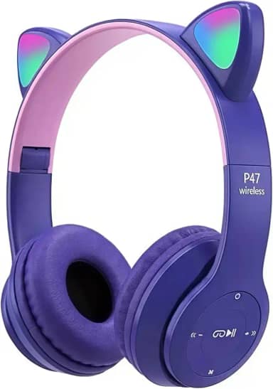 Fone de Ouvido Infantil Bluetooth com Orelhas de Gato, LED Colorido, 5 Horas de Bateria. (Roxo)
