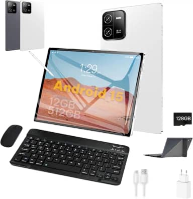 3 em 1 Tablet, com Capa/Teclado/Mouse, 10.1 Polegada, 1920×1200 Tela, 1920x1200 Tela Processador Octa-Core, 12GB RAM+512GB ROM, Câmera de 16MP + 32MP, Android 15, 8000mAh, Versão WiFi (branco)