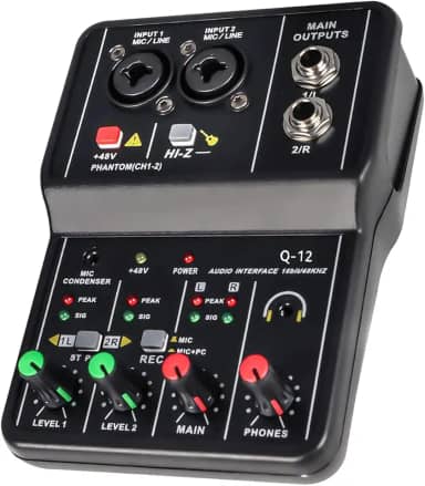 interface de audio,Placa de som profissional muti canals com USB 2.0 de alta velocidade, função de monitor para estúdio/gravação musical/gravação vocal/jogos/Equipamentos para DJ e VJ-Mixers (Q-12)