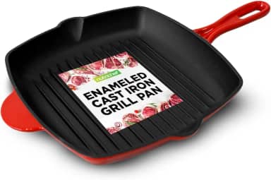 NutriChef Frigideira para bife de ferro fundido esmaltado de 28 cm - Frigideira quadrada com bico de gotejamento, para todos os cooktops, marcas perfeitas para churrasqueira - NCCIES47