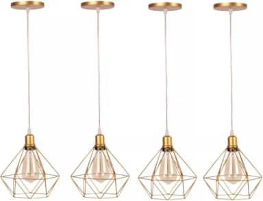 Pendentes Aramado Diamante Dourado Com Cabo 1 Metro Regulável Kit Com 4