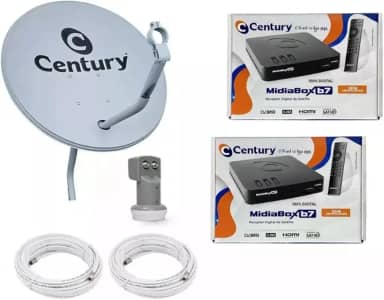 Kit Antena Parabólica Century 60cm, Receptor Mídia Box B7, 2 Cabos Coaxiais 15m e LNBF Duplo