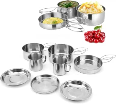 KIT PANELAS EM INOX CAMPING COZINHA ACAMPAMENTO COMPLETO 8 PEÇAS PANELA VIAGEM PRAIA PESCA