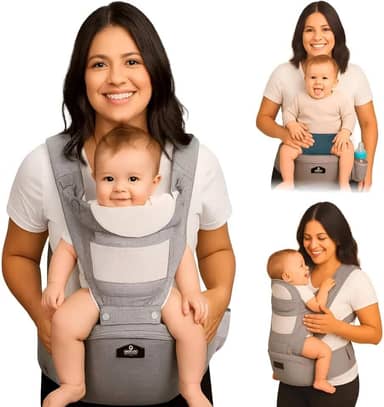 AIEBAO Mochila Canguru Classic Para Bebê, Ergonômico, Com Assento, 03 Modos de Uso, Apoio Lombar, Com Suporte de Cabeça, Bolso Frontal e Lateral, Até 48 Meses, Suporta 36kg, Acolchoado, Fivelas Ajustáveis, Cinza.