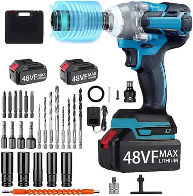 Parafusadeira de Impacto sem Fio 48V, Kit com 2 Baterias de Lítio e 30 Acessórios, Azul