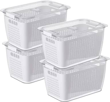 Recipientes Organizadores de Geladeira com Escorredor Removível – Potes Herméticos para Frutas, Legumes e Carnes – Livre de BPA, Empilháveis, Laváveis na Lava-Louças (Kit 4)