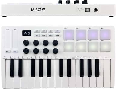 Teclado de controle MIDI 25 teclas Mini teclado USB portátil controlador MIDI com 25 teclas sensíveis à velocidade 8 pads retroiluminados RGB 8 botões