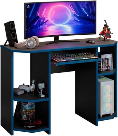 Mesa Gamer Escrivaninha PC para Computador com LED, Preto e Azul, Suporte para PC e Acessórios