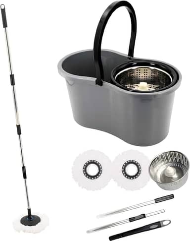 Mop Giratório 360° com Cesto Inox Capacidade 9 Litros no balde, Esfregão para Limpeza Lava e Seca com 2 Refis de Microfibra Premium plus