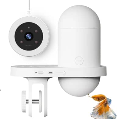Alimentador de Peixes Automático WiFi para Aquário com Ccâmera HD 2560 * 1440P, Alimentador de Peixes Automático Inteligente, Controle de Aplicativo, Temporizador, Carregamento USB