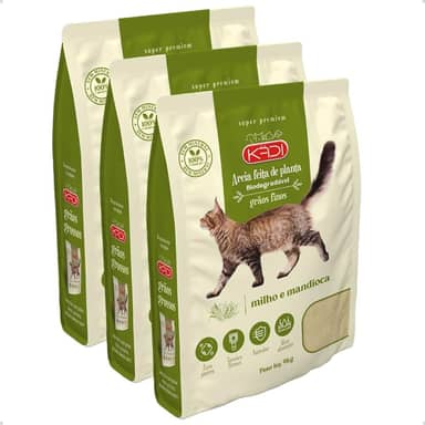 Kit 3 Pacotes Areia Higiênica Natural Biodegradável de Grãos Finos de Milho e Mandioca para Gatos Kadi 4 kg