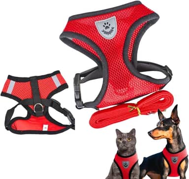 Coleira peitoral para cachorro e gatos colete refletivo com guia pets pequenos coelhos (Peitoral Vermelho - P)