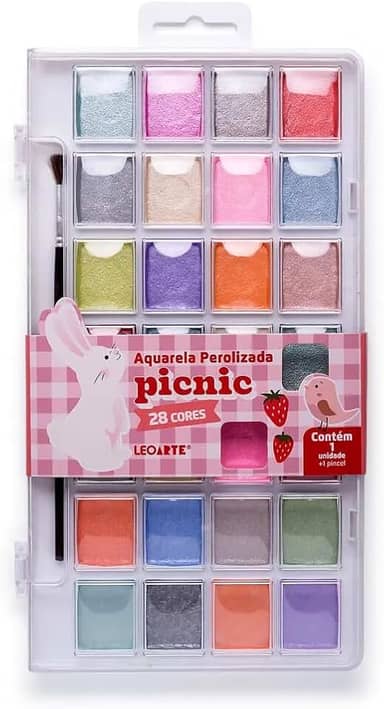 Aquarela Perolizada Picnic - 28 Cores - Estojo + Pincel Leoarte