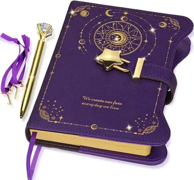Diário com cadeado e chaves para meninas, ideias de presente, diário de 360 páginas Kraft para mulheres, caderno recarregável B6 para escrever com caneta e marcador de página (Astro Purple)