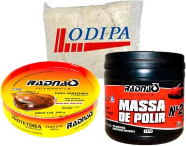 Kit Polimento Automotivo Massa De Polir N°2 500g Tira Risco + Cera Protetora Tradicional 200g RADNAQ + Estopa Odipa
