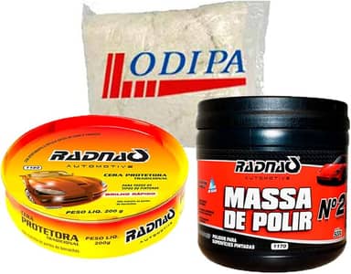 Kit Polimento Automotivo Massa De Polir N°2 500g Tira Risco + Cera Protetora Tradicional 200g RADNAQ + Estopa Odipa
