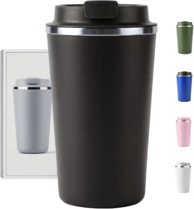 Copo Térmico Café - 510ml, Parede Dupla Isolamento Inox 304, Base Emborrachada, Quente 6 horas, Feito Para Viagem To Go (Preto)