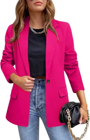 Blazer feminino casual com botão dourado manga longa para trabalho, lapela e frente aberta
