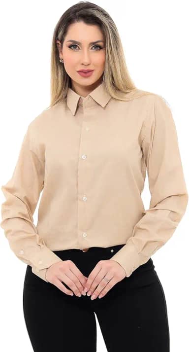 Camisa Social Feminina Premium Tipo Linho Executiva Estruturada Manga Longa