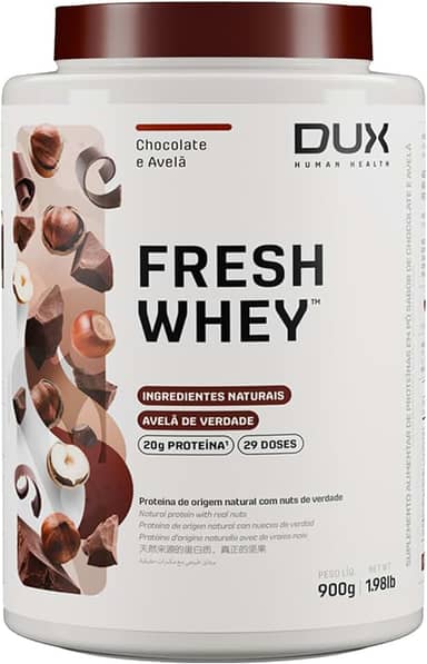 Fresh Whey Protein - Chocolate e Avelã 900g - 20g de Proteínas por Porção - Suplementos Naturais, Suplementação Treino Academia, Ganho Muscular Hipertrofia - DUX HUMAN HEALTH