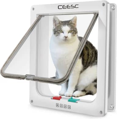 CEESC Porta de gato extragrande (tamanho externo 28 cm x 25 cm), porta grande para gatos com trava de 4 vias para portas internas externas, porta de animais de estimação à prova de intempéries para gatos e cães com circunferência < 63 cm (branca)