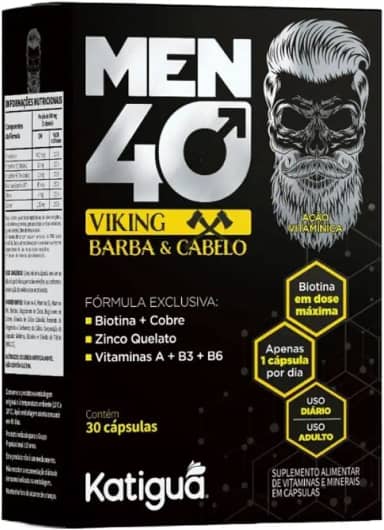 Katiguá Men 40 Viking Barba E Cabelo Com Biotina + Cobre Zinco Quelato Vitamina A + B3 + B6 Sem Sabor Para Homens 30 Cápsulas Rígidas • 30 Doses Preto