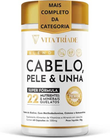 Vitamina para Cabelo Pele e Unha - Super fórmula Sem Corante - 22 Nutrientes: Biotina, Cisteína, Vitamina b12, Astaxantina, Ácido Fólico