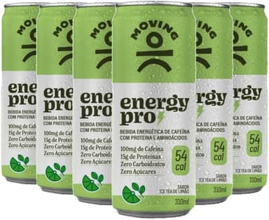 Moving Pro Energy Pro Bebida Energética, Limão e Ice Tea, 310ml, Pack com 6, Zero Açúcar, 15g Proteína