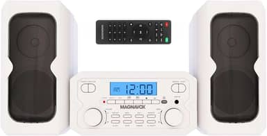 Magnavox MM435-WH Sistema de prateleira de CD compacto de 3 peças com rádio estéreo AM/FM, tecnologia sem fio Bluetooth e controle remoto em branco | Display LCD | Porta AUX Compatível |