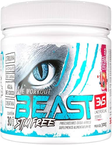 3VS Nutrition Pre Treino BEAST STIM FREE 300g - Sem Cafeína - Com Citrulina, Beta Alanina, Creatina, Arginina, Taurina e Tirosina 300gr, Sabor Frutas Vermelhas
