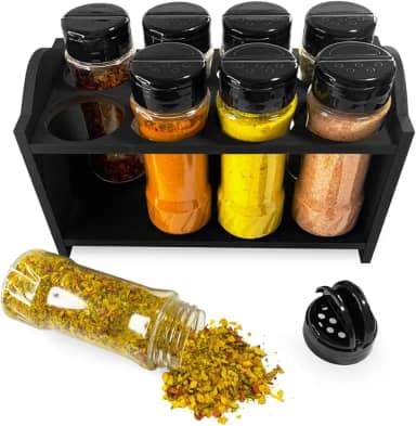 Porta Tempero Berço de Madeira com 8 Potes de Plástico 130ml Transparente Tampa Dosadora Dupla para Condimentos com Etiqueta