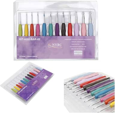 Kit de Agulha Para Crochê, NYBC, 12 Agulhas, Cabo Emborrachado Colorido